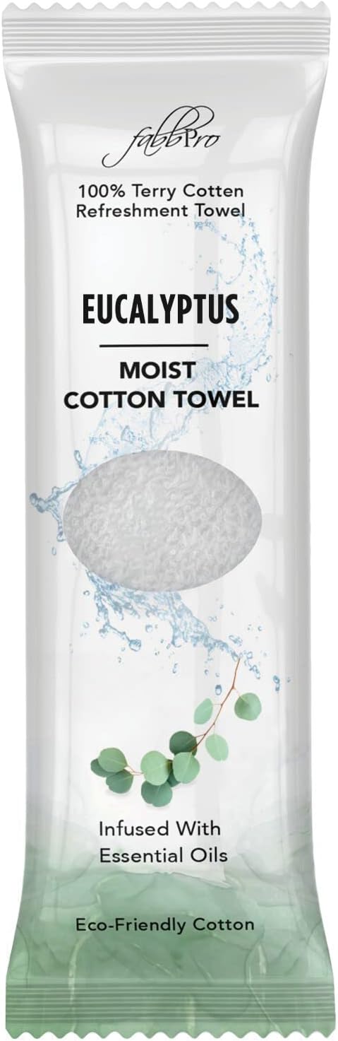 Oshibori Moist Terry Cotton Refreshment Towels (25 Pack, 8 x 8 Inches) - White Scented Pre-moistened Towel to Use Hot or Cold (Eucalyptus)