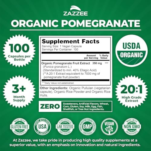 Zazzee USDA Organic Pomegranate 20:1 Extract, 40% Ellagic Acid, 100 Vegan Capsules, 3+ Month Supply, Punica Granatum, Antioxidant, Immune & Polyphenol Support, All-Natural, Non-GMO, Made in the USA