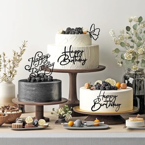 15 PCS Black Happy Birthday Cake Toppers Acrylic Mirror Inserts for Cakes Cupcakes Desserts 15 Styles