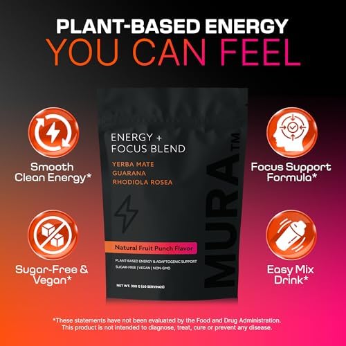 Guarana Powder Fruit-Punch Flavoured with Yerba Mate & Rhodiola Rosea, Sugar-Free, Vegan, 40mg Caffeine, 60 Servings (300g) by Mura Wellness