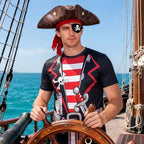 VillbeCoser 5Pcs Pirate Costume Men with Pirate Accessories Anime Captain Shirt Pirates Hat Cosplay Outfit Crewneck Tee