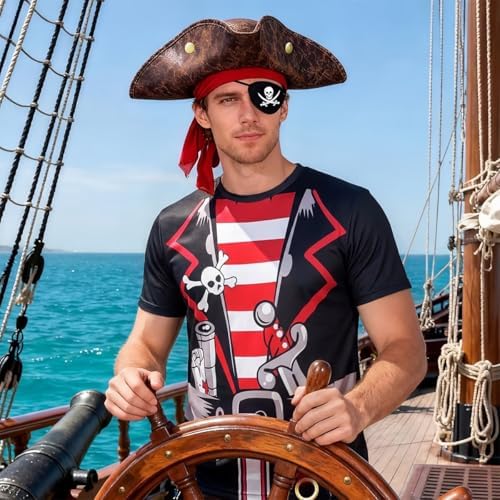 VillbeCoser 5Pcs Pirate Costume Men with Pirate Accessories Anime Captain Shirt Pirates Hat Cosplay Outfit Crewneck Tee
