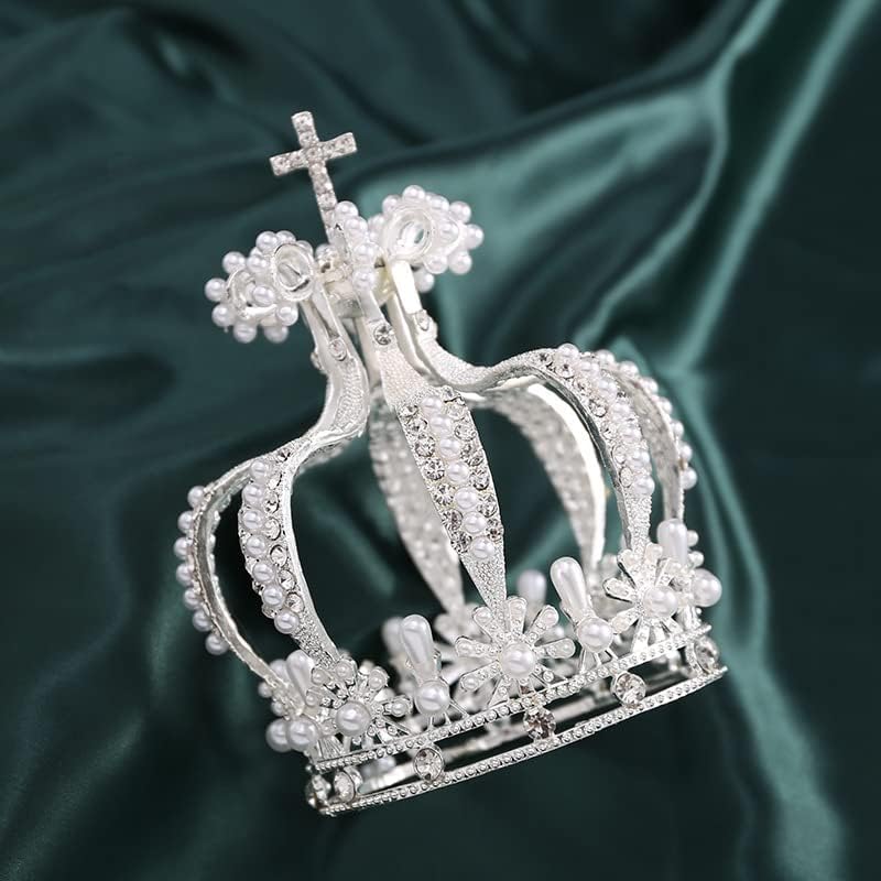 Crown Princess Cake Topper Wedding Birthday Crystal Pearl Tiara Cake Decor For Wedding Birthday Baby Shower Cake Photo Party Supplies (Silver)