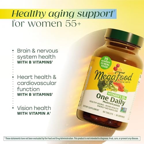MegaFood Multivitamin for Women 55+ One Daily Womens Multivitamin with Vitamin D3, C, Zinc & Bioavailable Vitamin B12 & Folate - Healthy Aging, Brain & Bone Health, Vegetarian, 90 Tablets