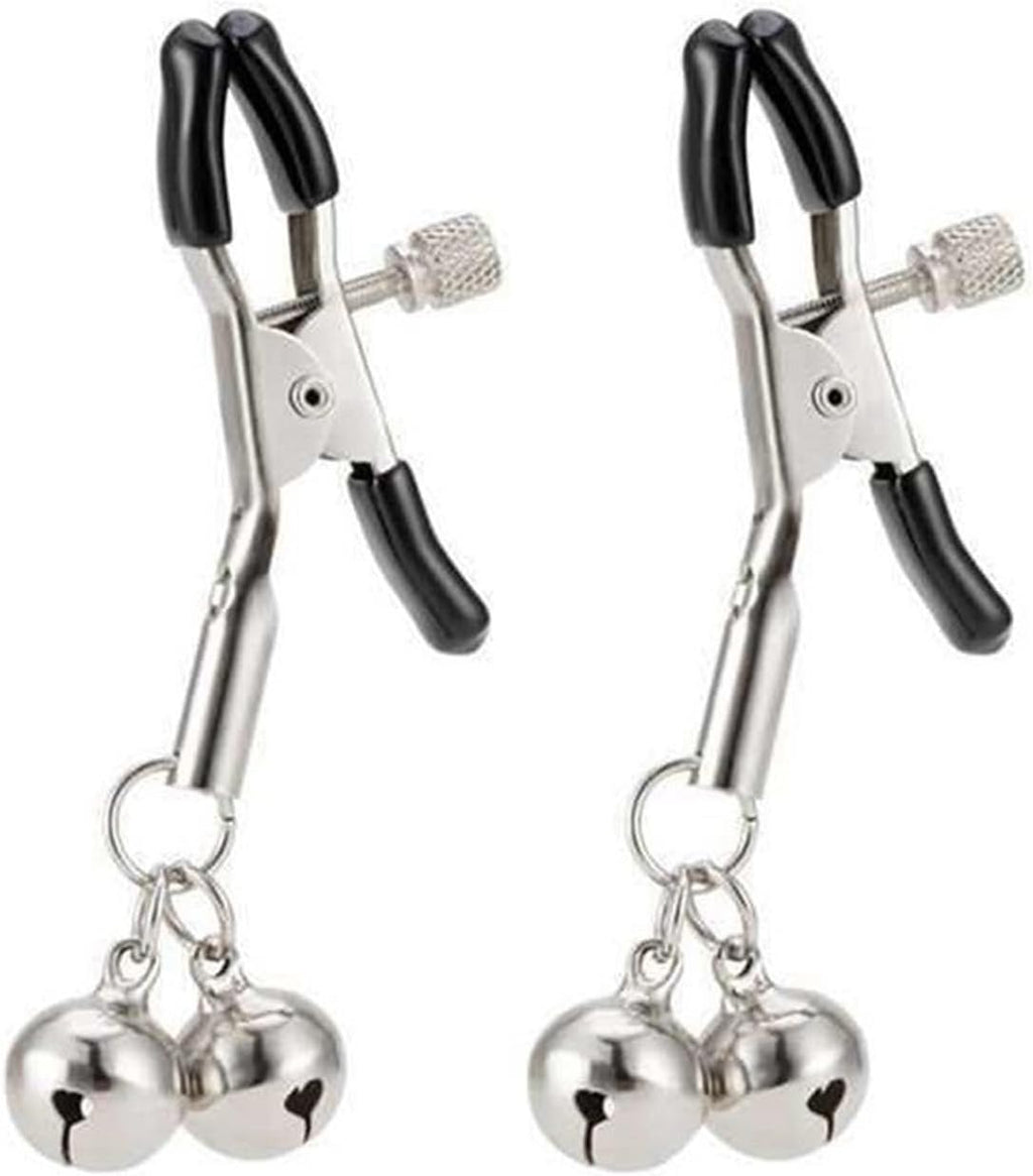 Nipple Clamps for Women Two Bells Pendant Nipple Clips Adjustable Body Clamps Non-Piercing Body Jewelry (Silver)