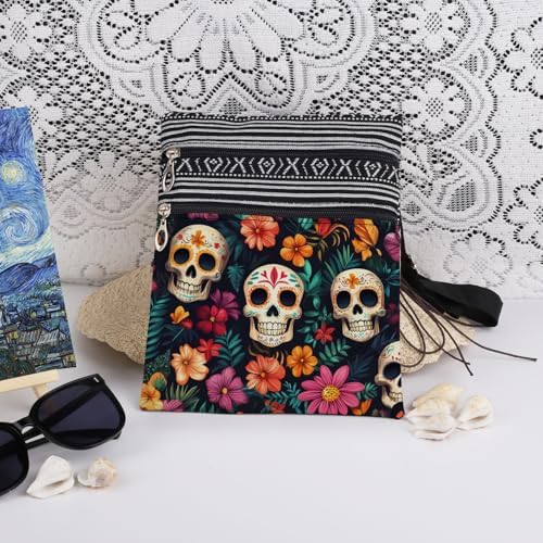 Sugar Skull Floral Print Crossbody Bag Day of The Dead Adjustable Strap Purse for Women & Men Messenger Bag, Gift for Sister Best Friend, Unique Birthday Holiday Present Idea