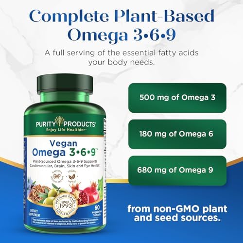 Purity Products Omega 3-6-9 Vegan and Vegetarian Formula - “5 in 1” Essential Fatty Acid Complex - Scientifically Formulated Plant-Based Omega 3 6 9 Essential Fatty Acids (EFA) - from (60)