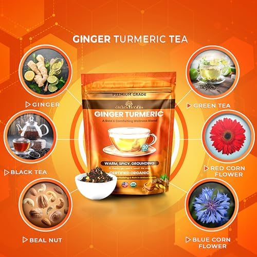 Golden Herbs Organic Ginger Turmeric Tea – USDA Organic Herbal Tea, Caffeine Free, Warming Wellness Blend, 30 Biodegradable Tea Bags, Packed in USA