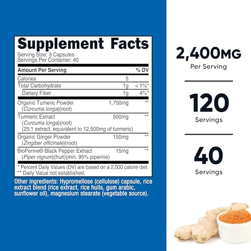 Nutricost Turmeric + Ginger Capsules with Bioperine, 2400mg Per Serving, 120 Capsules - GMO-Free, Gluten-Free, 40 Servings