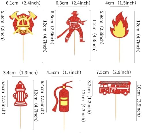 Ercadio 24 Pack Fireman Cupcake Toppers Red Glitter Fire Department Cake Topper Fireman Cupcake Picks for Fire Theme Baby Shower Birthday Party Cake Decoration Supplies