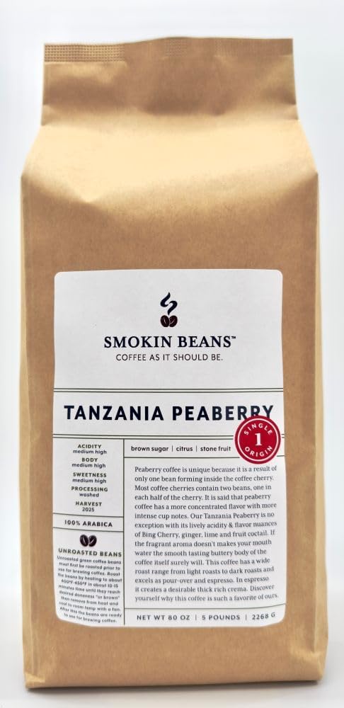 5-Pound Tanzania Peaberry, Unroasted Green Arabica Coffee Beans, Fresh Current Crop Specialty Grade, Roast the Beans Yourself at Home on Your Roasting Equipment Prior to Using for Brewing Coffee