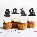 Ercadio 24PCS Halloween Tombstone Cupcake Toppers Glitter Black RIP Cemetery Graves Crow Cross Cupcake Picks for Halloween Theme Birthday Party Cake Decorations Supplies