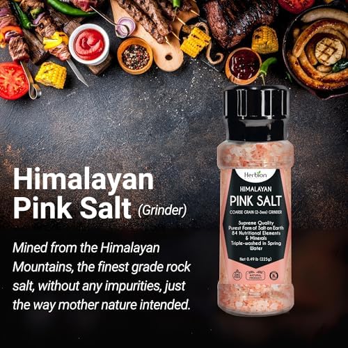 HERBION Naturals Himalayan Pink Salt Grinder Coarse Grain, 100% Pure with 84 Minerals for Seasoning, Refillable, All-Natural Salt, Triple-Washed in Spring Water, Vegan, Kosher Certified Pack of 1
