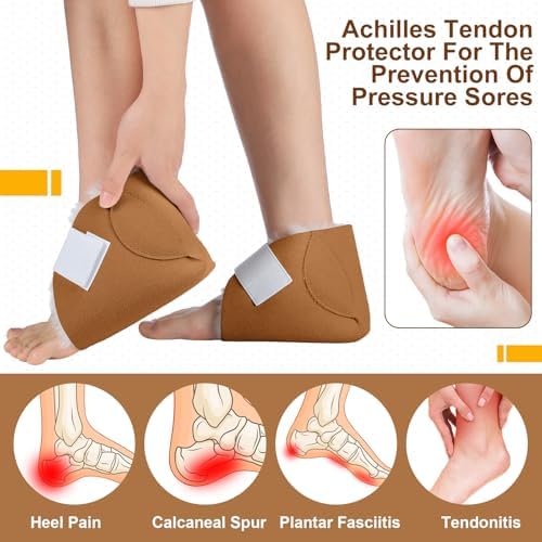 2 Pcs Heel Protectors for Pressure Sores Sheepskin Heel Pads Soft Foot Cushions Pad Protectors Adjustable Foot Pillows with Securing Strap for Bed Sore Ankle Ulcers (Brown)