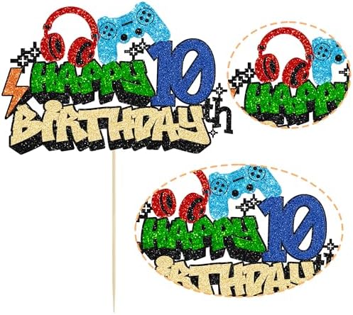 Gyufise 1Pcs Video Game Happy 10th Birthday Cake Topper Glitter Video Game Cake Pick Game On Controllers Tenth Cheers to 10 Years Cake Decoration for Boys 10th Birthday Party Supplies