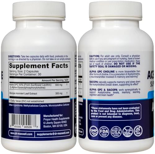 Dr. Maxwell Acetylcholine, Alpha GPC Choline 600mg + Bacopa, Better Than Each Alone. More Reliable Acetylcholine (Supports Memory & Learning) Supplement, 60 Capsules