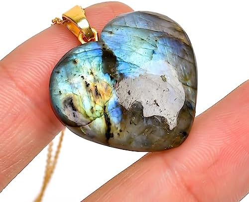AURA GEMS Labradorite Gemstone Heart Shape Pendant Necklace, Natural Cabochon, Women Jewelry, Energy Healing Crystals, Calm Chakra, Birthstone, Gift for Women, Gold Plated Jewelry 18 inch, AA+ Quality