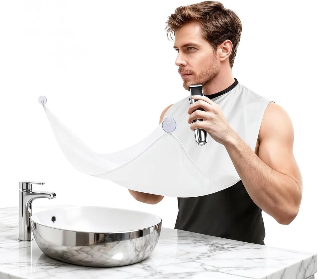 beard bib for dad Fathers Day beard apron gifts for men Him Boyfriend Husband Valentines Day Anniversary Beard Trimming Catcher Bib for Shaving (White)