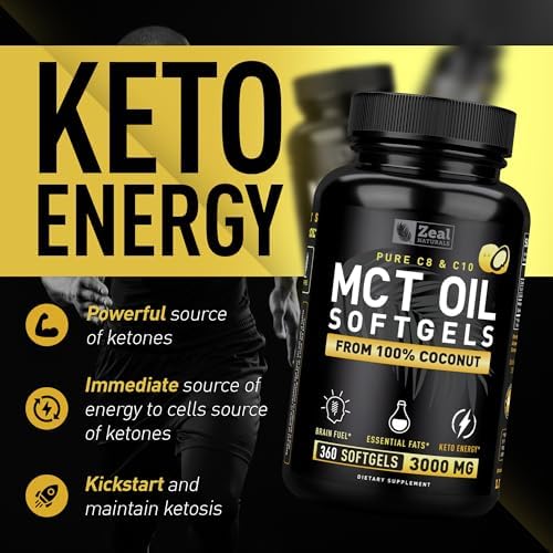 Zeal Naturals Pure MCT Oil Capsules - 3000mg, 360 Softgels |C10, C8 MCT Oil Unrefined Coconut | Energy Support & Brain Fuel Supplement | Gluten-Free