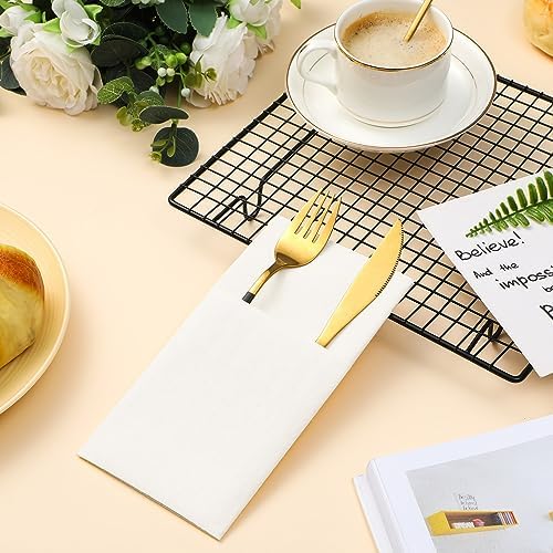 Cindeer 75 Pcs White Linen Dinner Feel Napkins with Built in Flatware Pocket Prefolded Paper Disposable Airlaid Guest Hand Towel for Silverware Wedding Reception Christmas Baby Shower