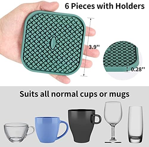 ME.FAN Silicone Coasters with Holder [6 Pack] Square Drink Cup Mat - Non-Slip, Non-stick, Stay Put, Deep Tray - Prevents Furniture and Tabletop Damages Nave Blue