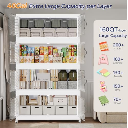 200Gal/800QT 5-Tiers Extra Large Stackable Storage Bins with Lid, Collapsible Cabinet Closet Organizer Plastic Container Box with Wheels Doors Drawers for Living Room Kitchen Office, White