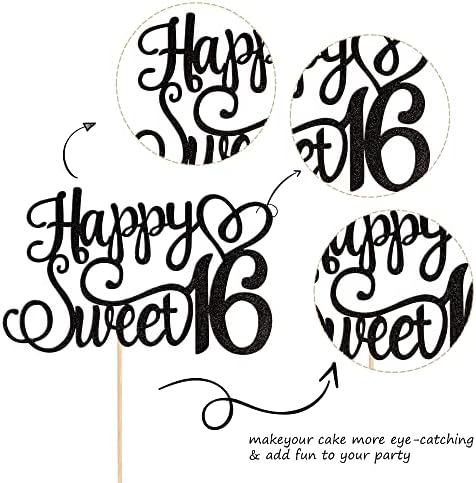 1 PCS Happy Sweet 16 Cake Topper Glitter 16th Birthday Cake Pick Cheers to 16 Years Sweet 16 Birthday Cake Decoration for Happy 16th Birthday Anniversary Party Decorations Supplies Black