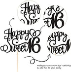 1 PCS Happy Sweet 16 Cake Topper Glitter 16th Birthday Cake Pick Cheers to 16 Years Sweet 16 Birthday Cake Decoration for Happy 16th Birthday Anniversary Party Decorations Supplies Black