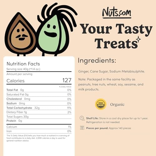 Organic Crystallized Ginger - Premium Crystallized Ginger Pieces - Spicy & Sweet Candied Ginger Crystals - Dried Ginger Chunks, Root - Digestive Snack Organic Ginger Candy (1 lb)