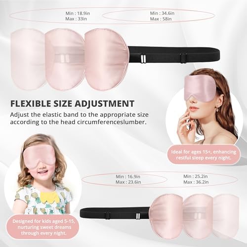 Silk Sleep Mask Eye Cover, 100% Real Natural Eye Mask for Sleeping with Adjustable Strap, 100% Silk Filling Blindfold, sleepmask for Kids/Teens/Adults, Sleeping Masks for Family (2 Pink)
