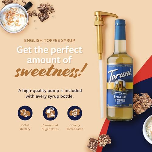 Torani Sugar Free Coffee Syrup, English Toffee Flavored Syrup for Drinks, Zero Calorie, Glass Bottle with Pump Included, 25.4 Fl Oz