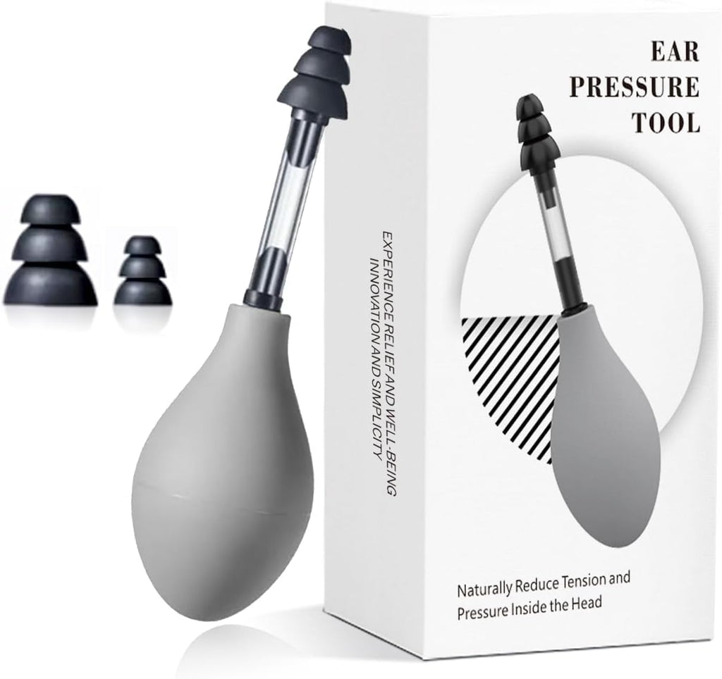 Ear Pressure Relief Suction Device,Migraine and Headache Relief Products,Airplane Ear Tinnitus Relief Through Inner Ear Pressure Balance,Reduces Tension,Equipped with 3 Sizes of Earplugs (Gray)