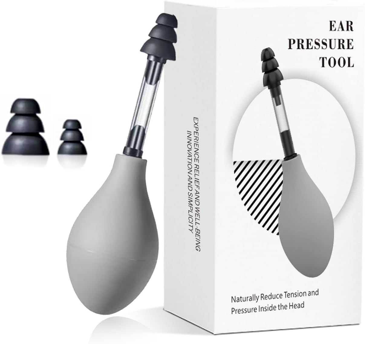 Ear Pressure Relief Suction Device,Migraine and Headache Relief Products,Airplane Ear Tinnitus Relief Through Inner Ear Pressure Balance,Reduces Tension,Equipped with 3 Sizes of Earplugs (Gray)