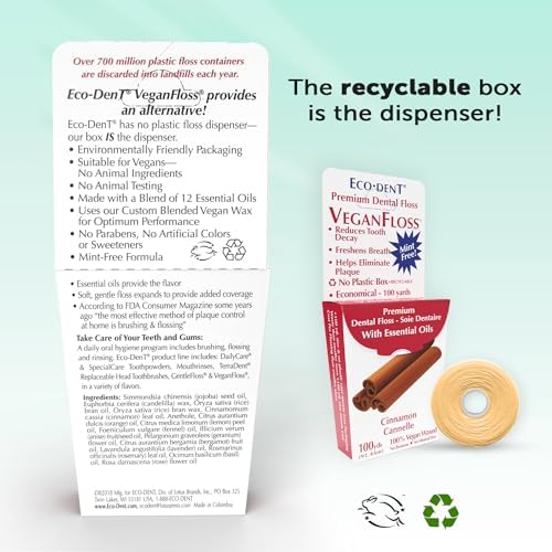 Eco-Dent VeganFloss Dental Floss, Waxed, Cinnamon - Floss with Vegan Plant-Based Wax, Recyclable Cardboard Packaging, 100 Yds (Pack of 2)