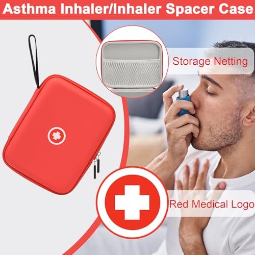 Klawdsky Hard Travel Case for Asthma Inhaler, Inhaler Spacer Case for Kids and Adults, Masks, Red (Bag Only)