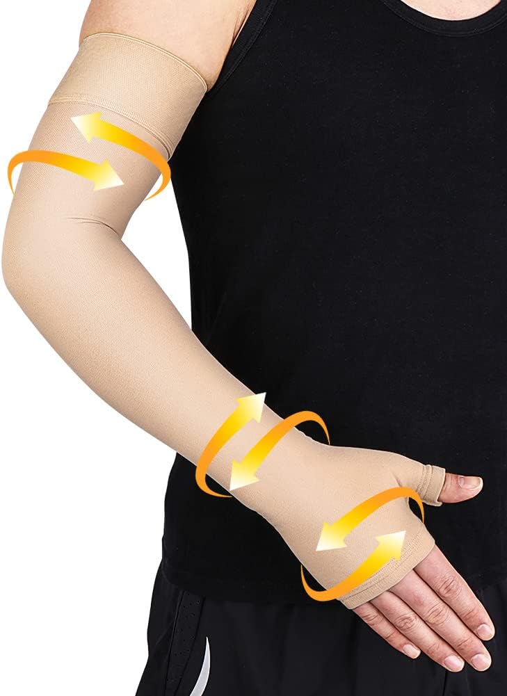 beister Lymphedema Medical Compression Arm Sleeve with Gauntlet for Men & Women (Single), 20-30 mmHg Full Arm Support with Dot Silicone Band, Graduated Compression Arm Brace for Swelling, Arthritis
