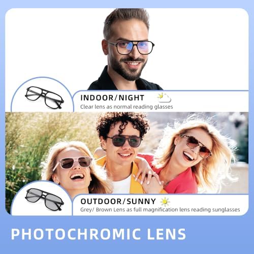 Aviator Photochromic Reading Glasses for Women Men Full Lens Transition Readers Sunglasses Color Auto Change