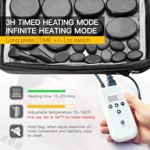 Portable Massage Stone Warmer Set, 20 Pcs Basalt Hot Stones with Heater Kit, Electric Hot Stones Warmer Massager for Professional/Home Spa, Digital Controller Heating Travel Bag (Black)