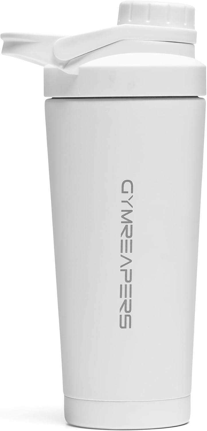 Gymreapers Stainless Steel Protein Shaker Bottle - Double Wall Insulated, Leak Proof, BPA-Free Metal Vacuum Blender Cup For Gym, Sports, Pre & Post-Workout Cold Hydration - 26 OZ (White)