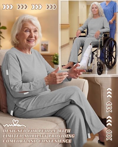 Women's Hospital Gown Set Long Sleeve Bedridden Patient Adaptive Clothing Tear Away Shirt and Pants for Easy Care