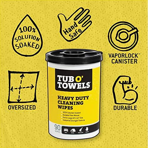 Tub O Towels TW90 Heavy-Duty 10" x 12" Size Multi-Surface Cleaning Wipes, 90 Count Per Canister 5 Pack