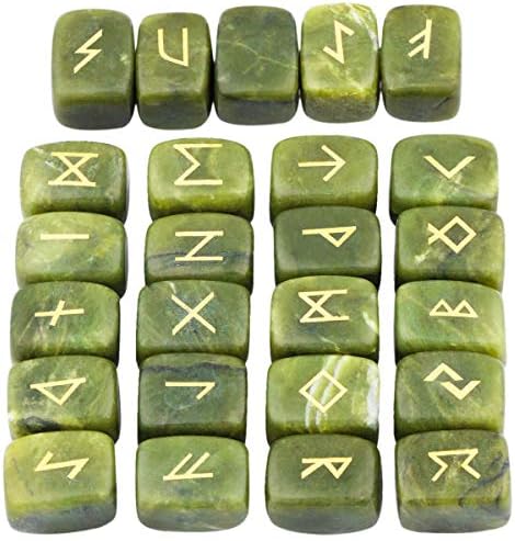 SUNYIK Natural Green Jade Rune Stones Set with Engraved Elder Futhark Alphabet Lettering Polished Healing Crystal Kit