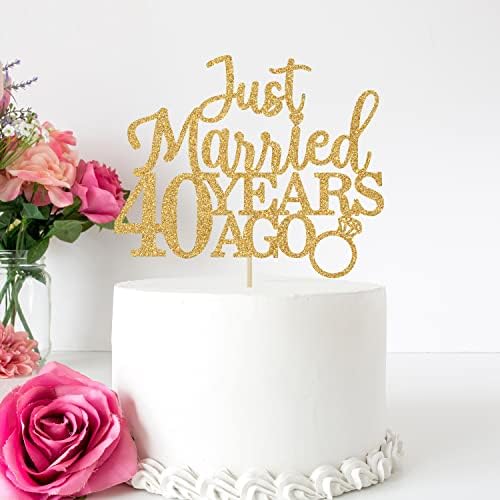 Just Married 40 Years Ago Cake Topper, Happy 40th Anniversary Cake Decorations, Cheers to 40 Years, 40th Wedding Anniversary Party Decorations Gold Glitter