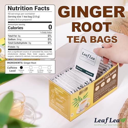 LeafLea 40 Ginger Tea Bags, 100% Pure & Natural from Dried Ginger Root Tea, Spicy & Comforting Herbal Tea Supports Digestion, Caffeine Free, Sugar Free, No Gluten, Non-GMO, Vegan