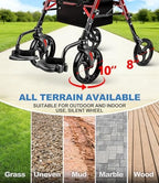 Foldable 2-in-1 Rollator Walker and Wheelchair Combo for Seniors with Seat, Heavy Duty Transport Chair 300 lbs Capacity, Lightweight, Anti-Tip Brakes, Adjustable Height 33.5"-40" (Red)