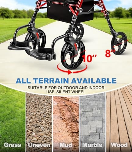 Foldable 2-in-1 Rollator Walker and Wheelchair Combo for Seniors with Seat, Heavy Duty Transport Chair 300 lbs Capacity, Lightweight, Anti-Tip Brakes, Adjustable Height 33.5"-40" (Red)