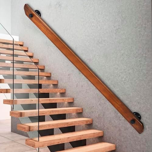 Wood Handrails, Indoor Non-Slip Staircase Handrail,Retro Rustic Wall Mount Railings Handrails, Home Loft Corridor Support Rod,Industrial Pipe Support, Easy to Install (Dark Wood, 6FT)