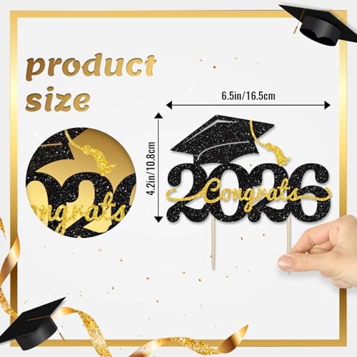 1 Pack Class of 2026 Cake Topper | Glitter Congrats Grad Cap Graduation Cake Pick for 2026 Graduation | High School Boys Girls Graduate Party Cake Decorations Supplies (Black & Gold)