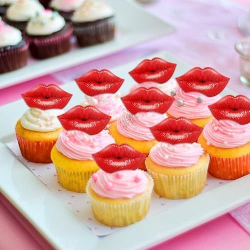 Ercadio 40 Pack Edible Valentine’s Day Cupcake Toppers Edible Red Lip Cupcake Toppers Valentine Cake Drink Topper for Wedding Theme Bachelorette Party Bride to Be Cake Decoration Supplies