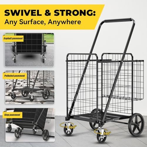 5.0 Cu Ft Folding Shopping Cart - 480 LB Capacity Grocery Cart with 360° Braked Swivel Wheels - Heavy Duty Utility Cart with Double Basket & Removable Waterproof Liner with Lid for Laundry